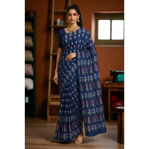 Moss Green Nandana Block Print Cotton Saree