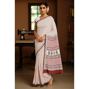 Cream Bagh Designer Mul Cotton Saree