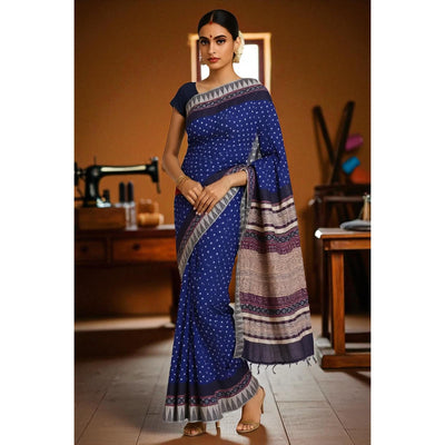 Blue-Black Ajrakh Bandhani Silk Cotton Saree