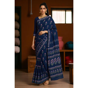 Moss Green Nandana Block Print Cotton Saree