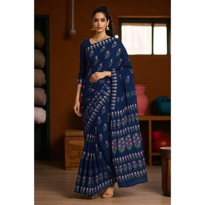 Moss Green Nandana Block Print Cotton Saree