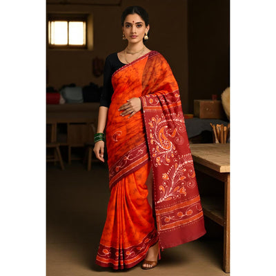 Orange Kalam Batik Cotton Saree