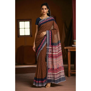 Mustard-Red Ajrakh Bandhani Silk Cotton Saree