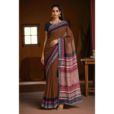 Mustard-Red Ajrakh Bandhani Silk Cotton Saree