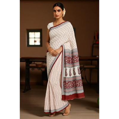 Cream Bagh Designer Mul Cotton Saree