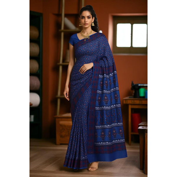 Indigo Nandana Block Print Cotton Saree SSEthnics