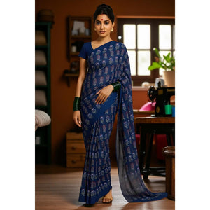 Moss Green Nandana Block Print Cotton Saree