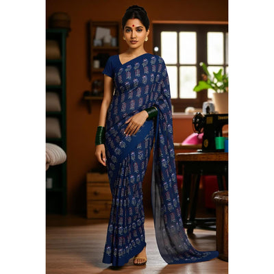 Moss Green Nandana Block Print Cotton Saree