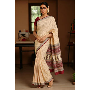 Pale Yellow Bagh Designer Mul Cotton Saree
