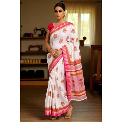 White Cotton Silk Screen Print Saree