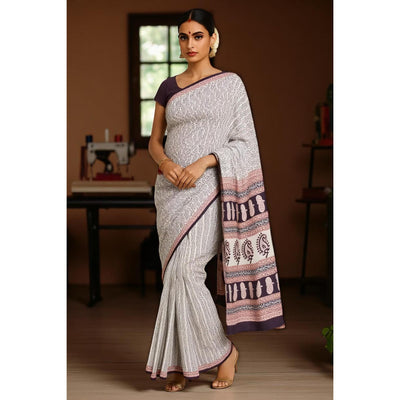 Cream Bagh Designer Mul Cotton Saree