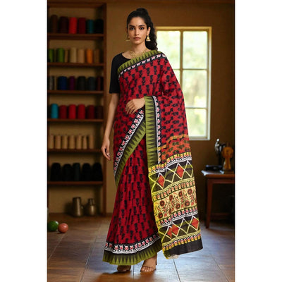 Red Cotton Silk Screen Print Saree