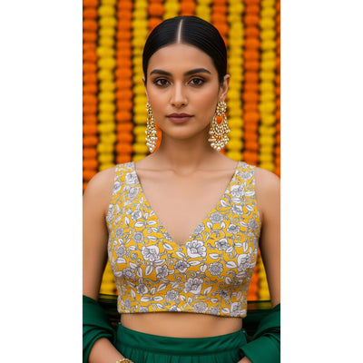 Yellow Kalamkari Inspired Screen Print Blouse