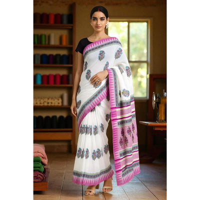 White Cotton Silk Screen Print Saree