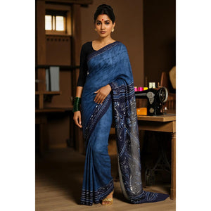 Blue Kalam Batik Cotton Saree