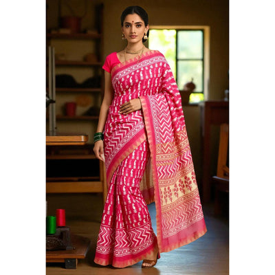 Pink Cotton Silk Screen Print Saree