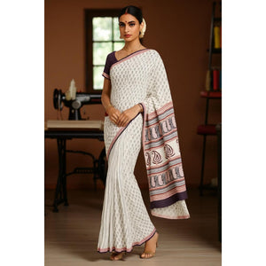 Cream Bagh Designer Mul Cotton Saree
