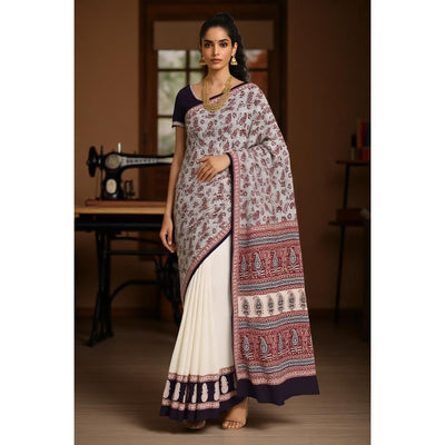 Cream Bagh Designer Mul Cotton Saree