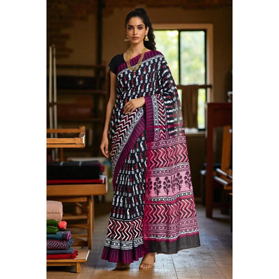 Black Cotton Silk Screen Print Saree