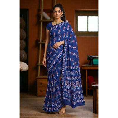 Indigo Nandana Block Print Cotton Saree