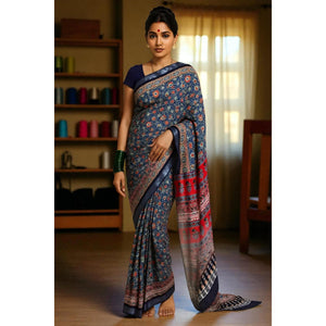 Green Linen by Cotton Screen Print Saree
