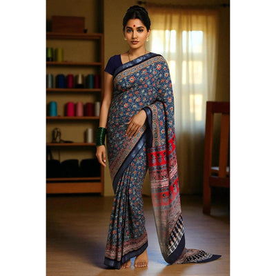 Green Linen by Cotton Screen Print Saree