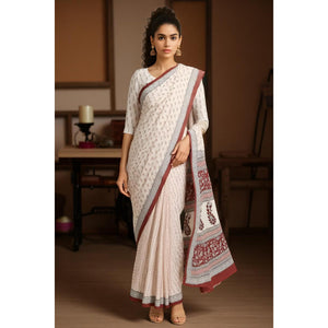 Cream Bagh Designer Mul Cotton Saree