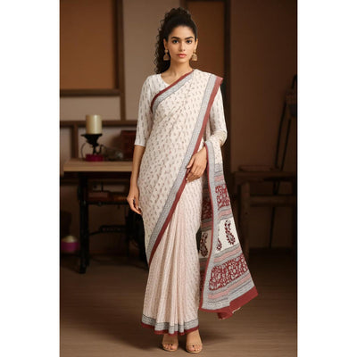 Cream Bagh Designer Mul Cotton Saree