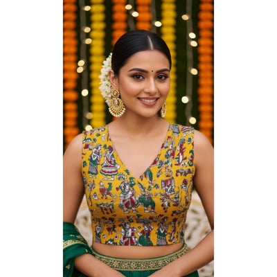Yellow Kalamkari Inspired Screen Print Blouse