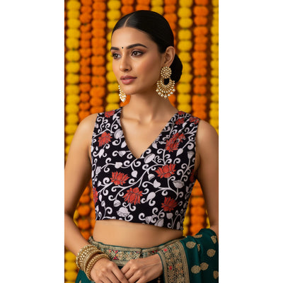 Black Kalamkari Inspired Screen Print Blouse