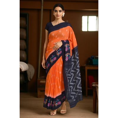 Orange Handloom Ikat Mercerised Cotton Saree