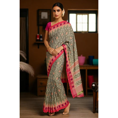 Olive Green Handloom Ikat Cotton Saree without Blouse