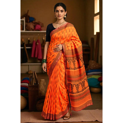 Orange Bagh Maheshwari Silk Block Print Saree