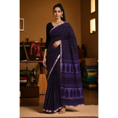 Purple Bagh Maheshwari Silk Block Print Saree