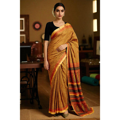 Yellow Bagh Maheshwari Silk Block Print Saree