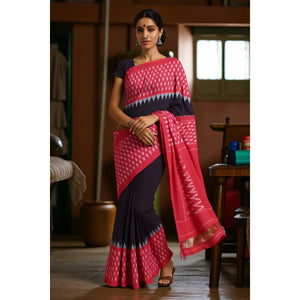 Black-Red Handloom Ikat Mercerised Cotton Saree
