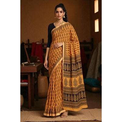 Mustard Bagh Maheshwari Silk Block Print Saree