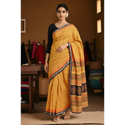 Yellow Bagh Maheshwari Silk Block Print Saree