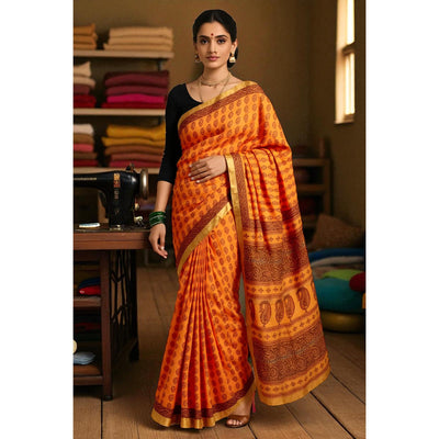 Mustard Bagh Maheshwari Silk Block Print Saree
