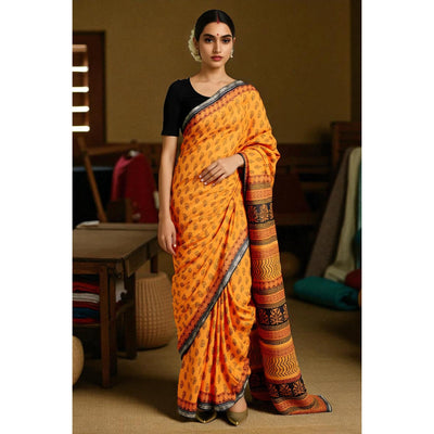 Mustard Bagh Maheshwari Silk Block Print Saree