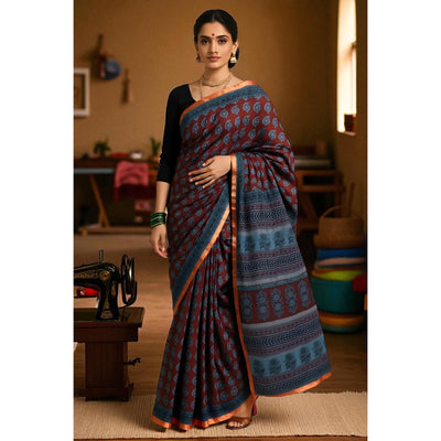 Blue Bagh Maheshwari Silk Block Print Saree