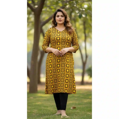 Yellow Ajrakh Straight Cut Kurti