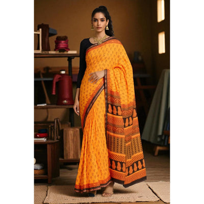Yellow Bagh Maheshwari Silk Block Print Saree