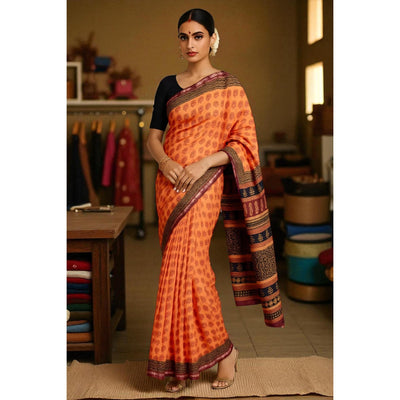 Mustard Bagh Maheshwari Silk Block Print Saree