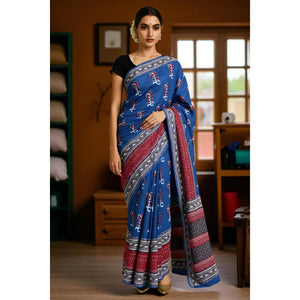 Indigo Nandana Block Print Chanderi Silk Saree