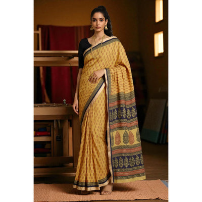 Light Olive Bagh Maheshwari Silk Block Print Saree