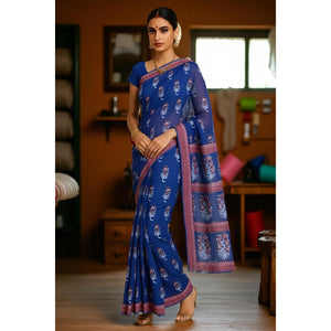 Indigo Nandana Block Print Chanderi Silk Saree