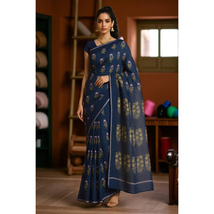 Moss Green Nandana Block Print Chanderi Silk Saree