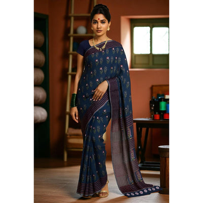 Moss Green Nandana Block Print Chanderi Silk Saree