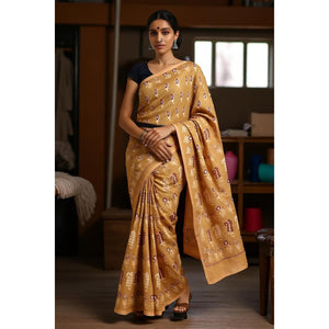 Yellow Nandana Block Print Chanderi Silk Saree